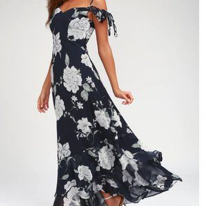 Navy Floral Off the Shoulder Maxi Dress